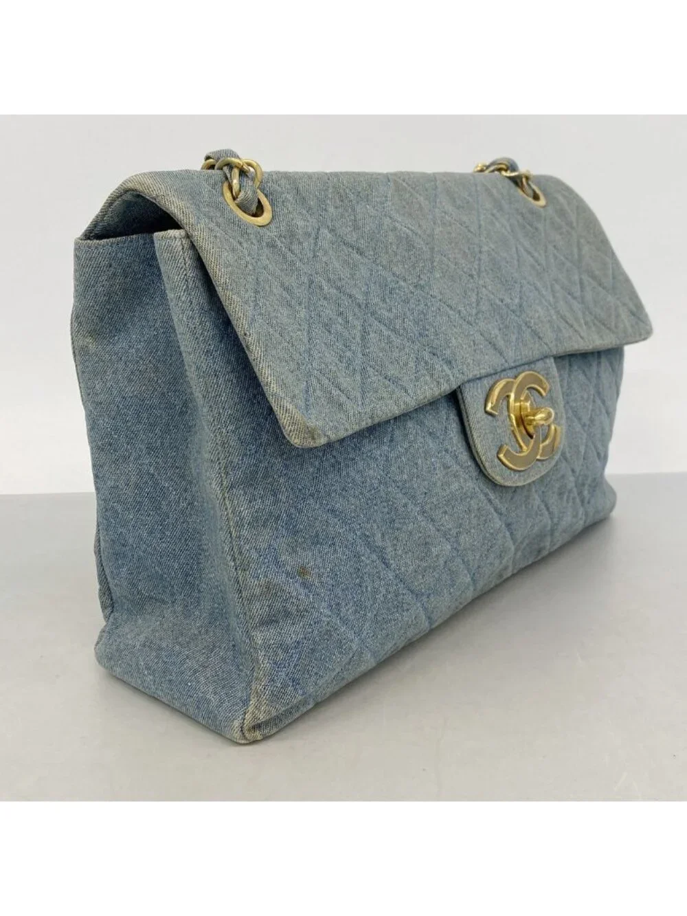 Chanel Shoulder Bag Maxi Quilted Denim Blue Gold